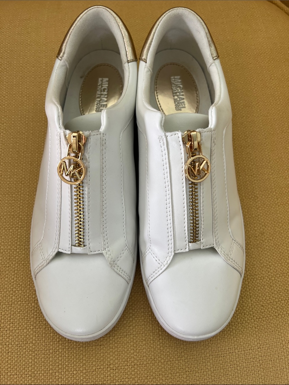Michael Kors White Leather Slip-On Sneakers with Gold Zip Logo size 6.5